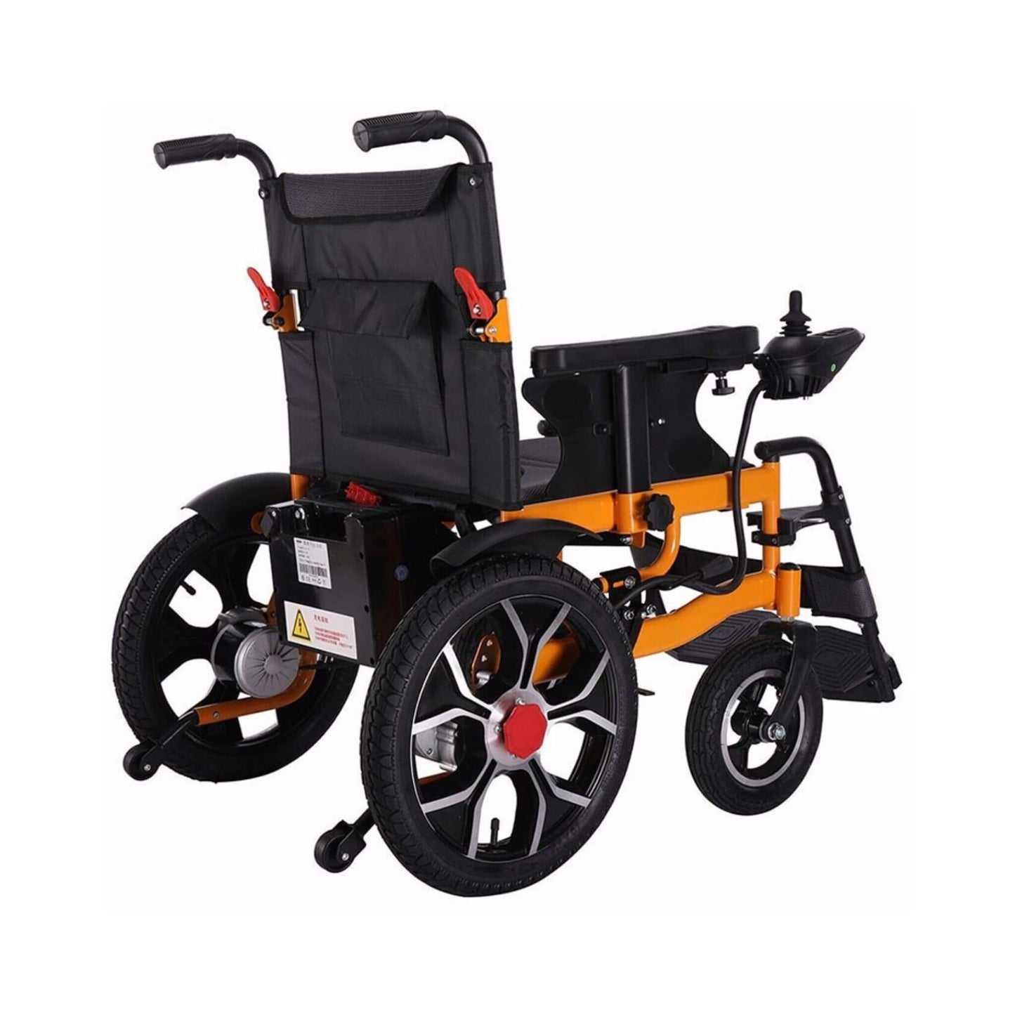 Electric mobility wheelchair in black fabric with orange frame, side view with armrests