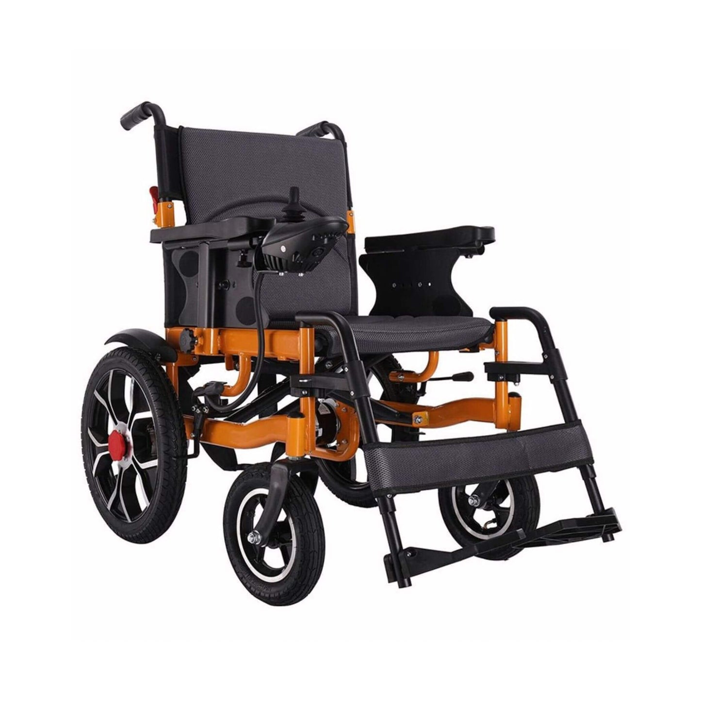 Electric wheelchair with black seat and back, orange frame, side view with armrests