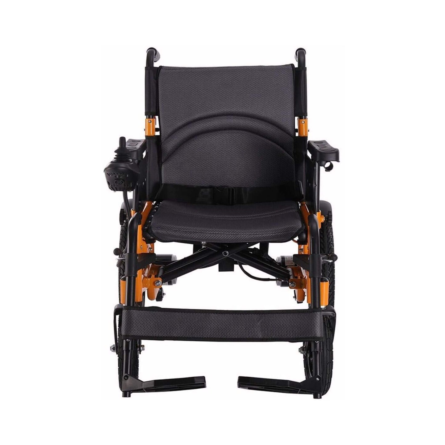 Black mesh seat electric mobility wheelchair with padded back, orange frame, front view