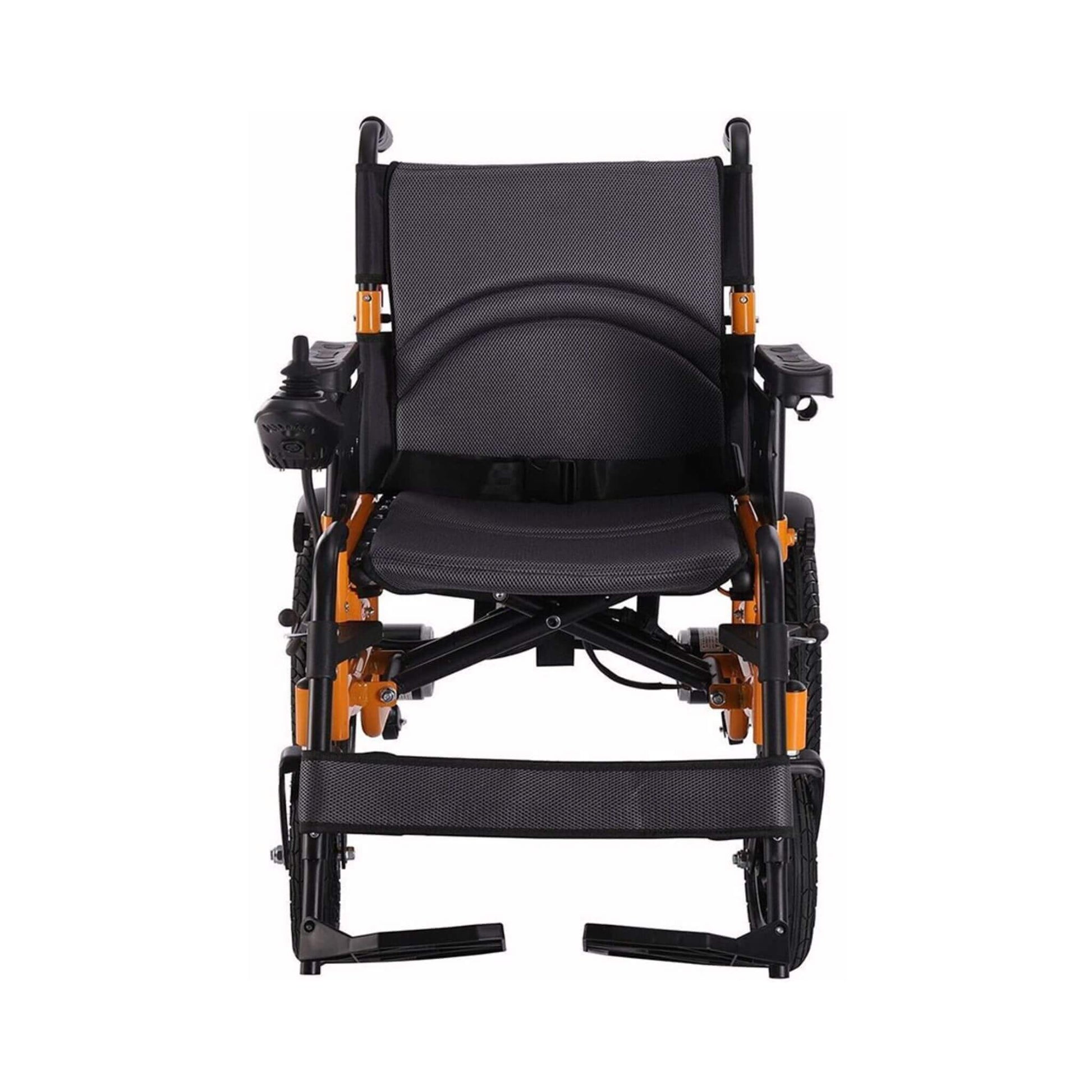 Black mesh seat electric mobility wheelchair with padded back, orange frame, front view