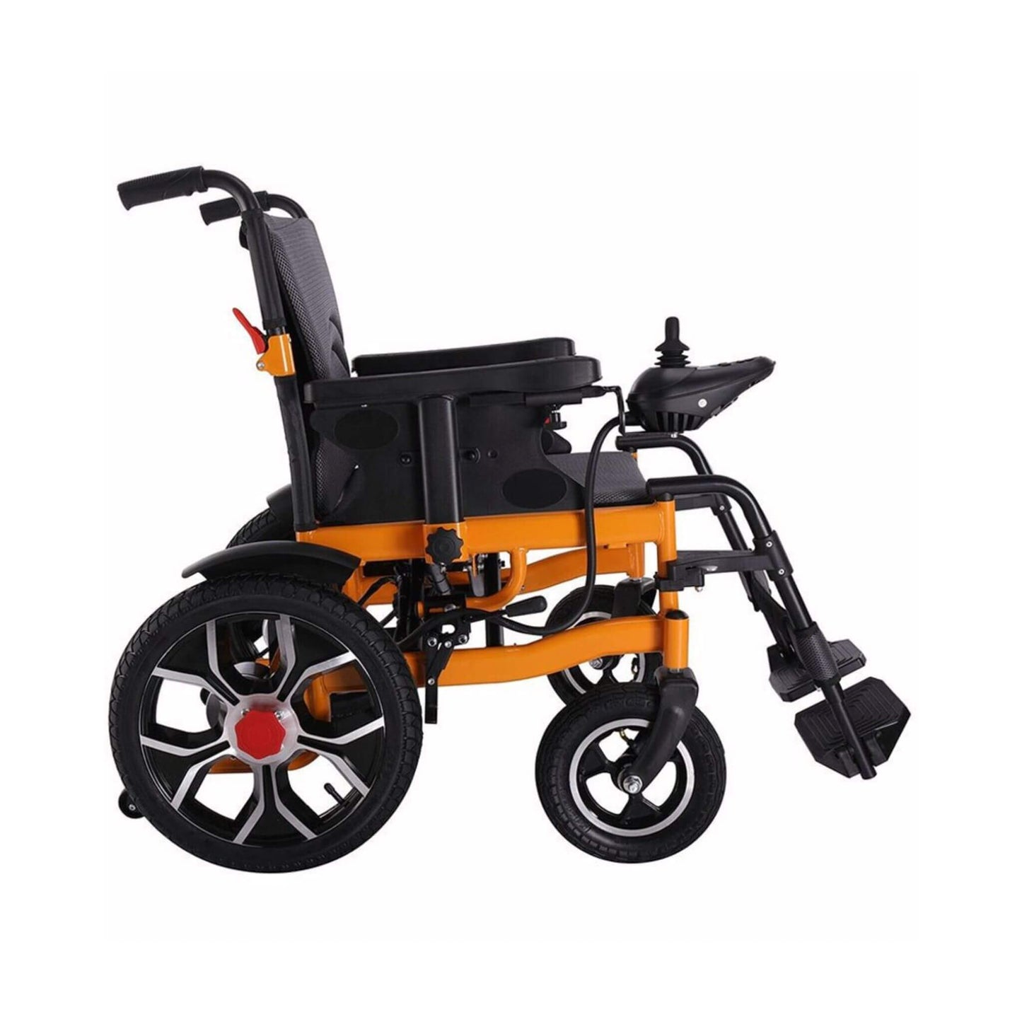 Black electric mobility wheelchair with orange frame, front-left wheel and footrest visible