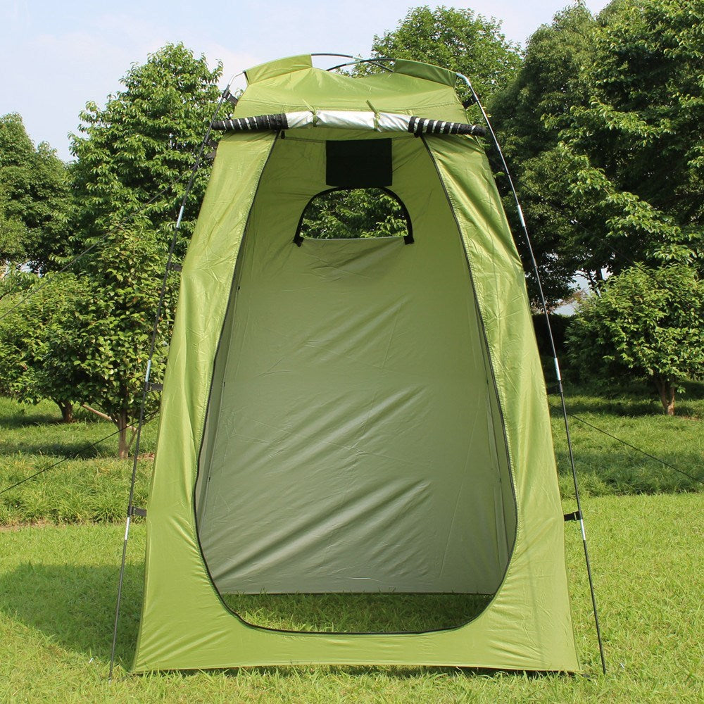 Green shower/toilet tent with rounded top, front window panel, mesh upper flap