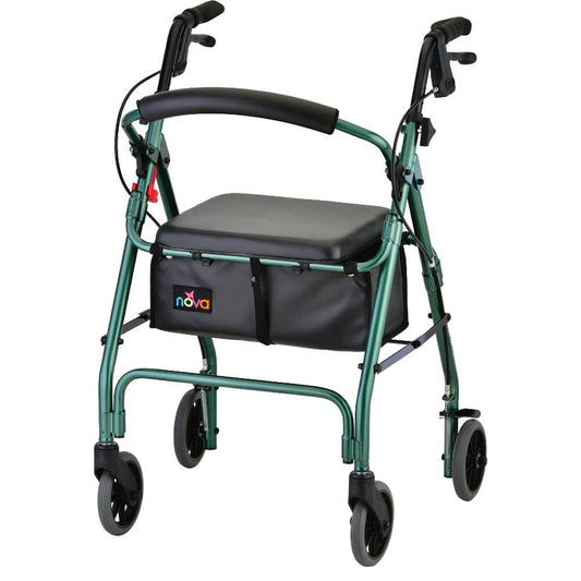 Nova GetGo rolling walker in green with padded seat and front storage bag.