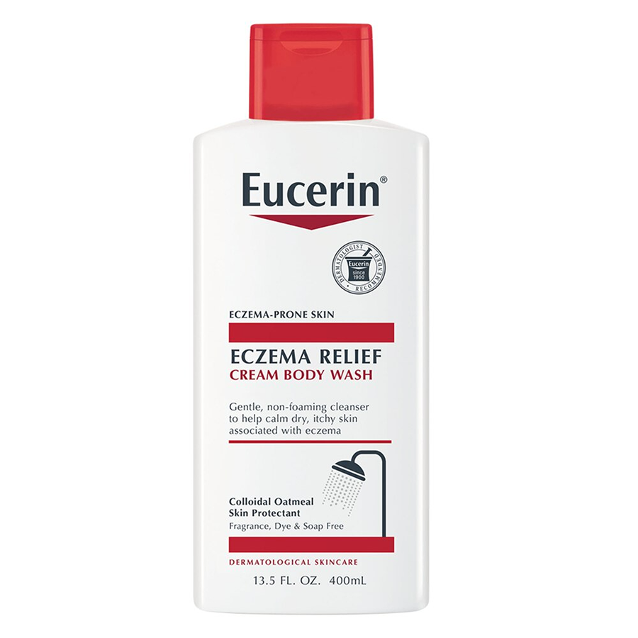 Eucerin cream body wash bottle with red cap, white label for eczema relief