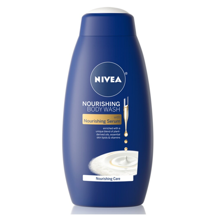 NIVEA Nourishing Body Wash bottle, blue plastic with pump-free flip-top cap