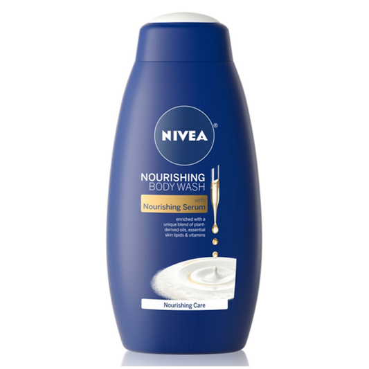 NIVEA Nourishing Body Wash bottle, blue plastic with pump-free flip-top cap