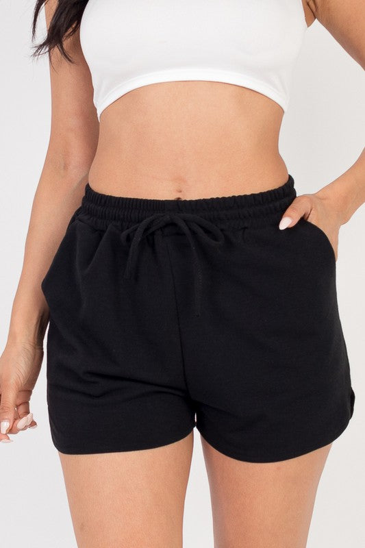 Black French terry active shorts with elastic waistband and drawstring