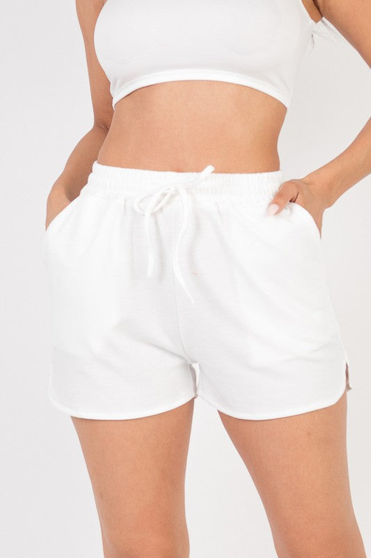 White French terry active shorts with elastic waistband and drawstring front