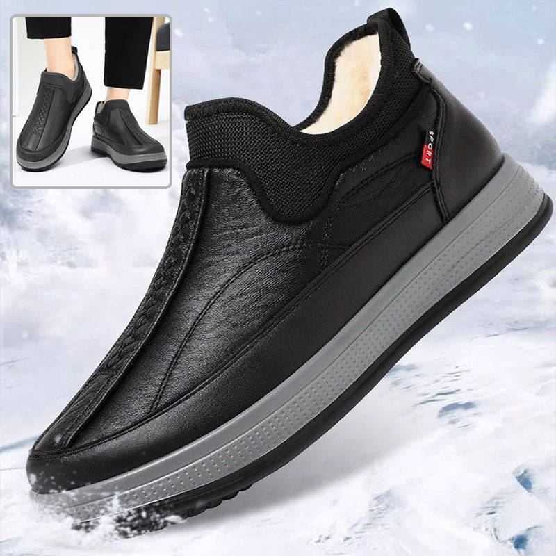 Black ankle boots with fleece lining, round toe, platform sole, slip-on style