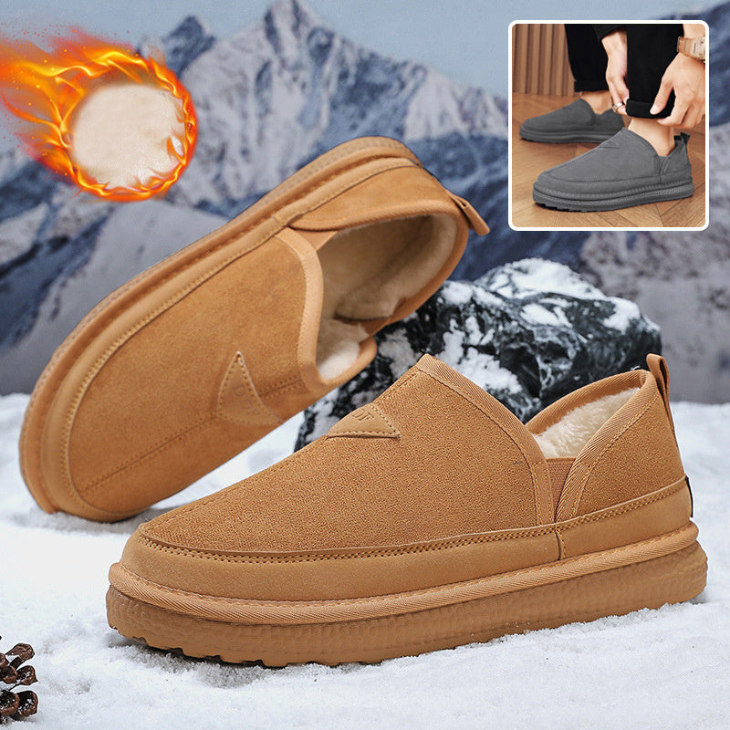 Khaki suede ankle snow boots with fleece lining, V-cut collar, round toe, flat sole