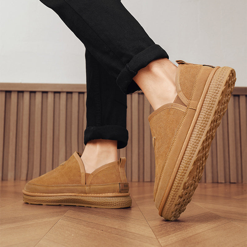Khaki suede snow boots with fleece lining and textured rubber outsole, round toe