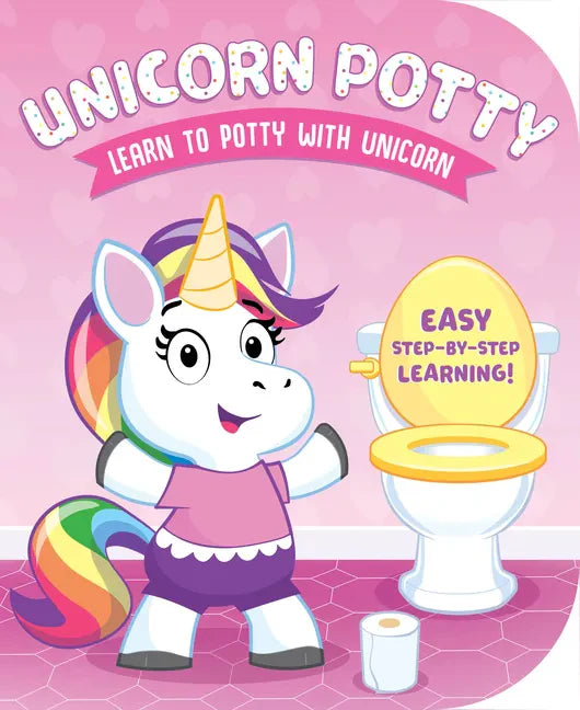 Unicorn potty training board book cover with cute unicorn and toilet graphic