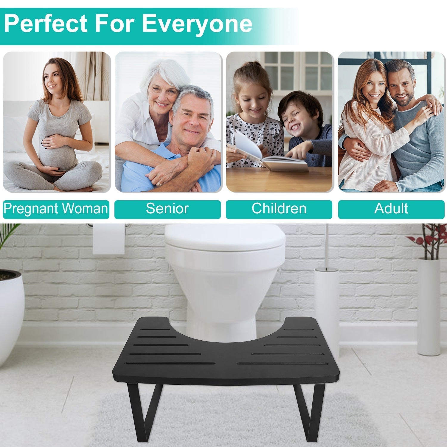 Black toilet step stool with images of a pregnant woman, senior couple, children, and adult couple above it.
