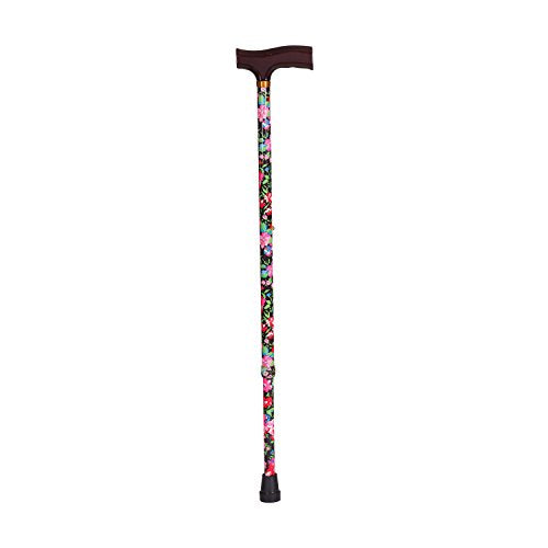 Floral print lightweight adjustable cane with dark grip handle and strap