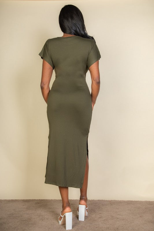 Olive tie-front side-slit midi dress, back view with short sleeves
