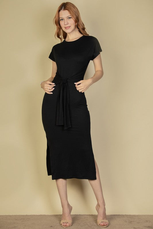 Black tie-front side-slit midi dress with short sleeves and draped tied waist
