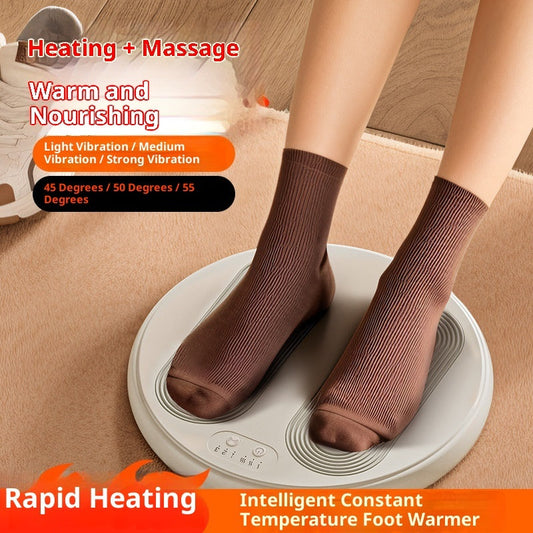 Foot massager heater under socks on round white base, showing massage channels and controls