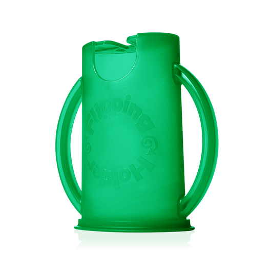 Green flipping snack pouch holder with lid open and side carry handles