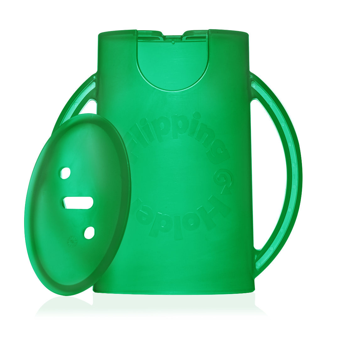 Green flipping snack pouch holder with lid and side carry handles