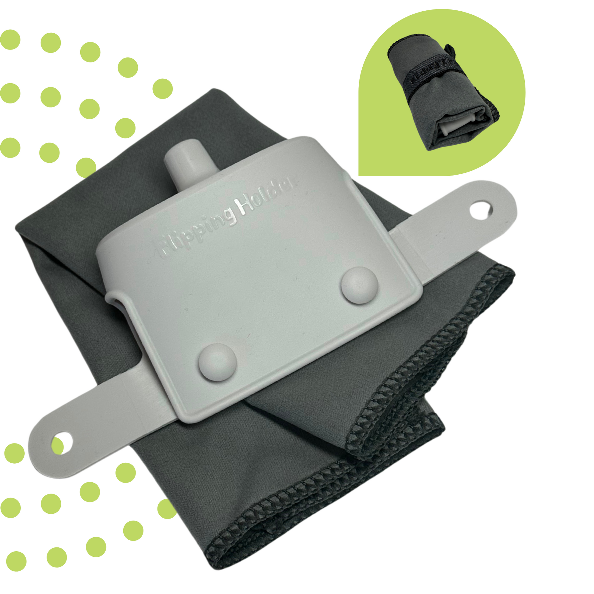 Spill-proof sip top with gray flipping holder and rolled gray cleaning towel