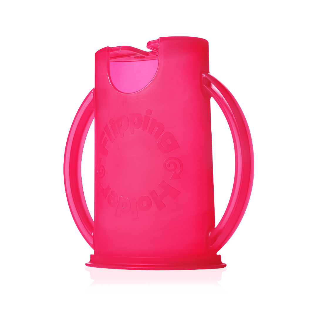 Pink snack pouch flipping holder with lid, side view and wide carrying handles