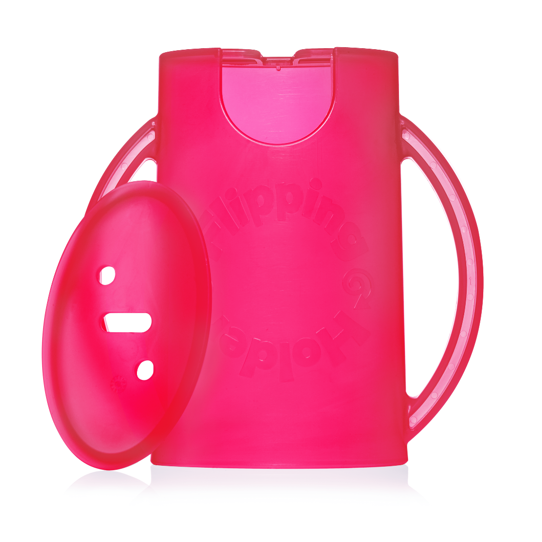 Pink snack pouch flipping holder with lid and flip-up handle