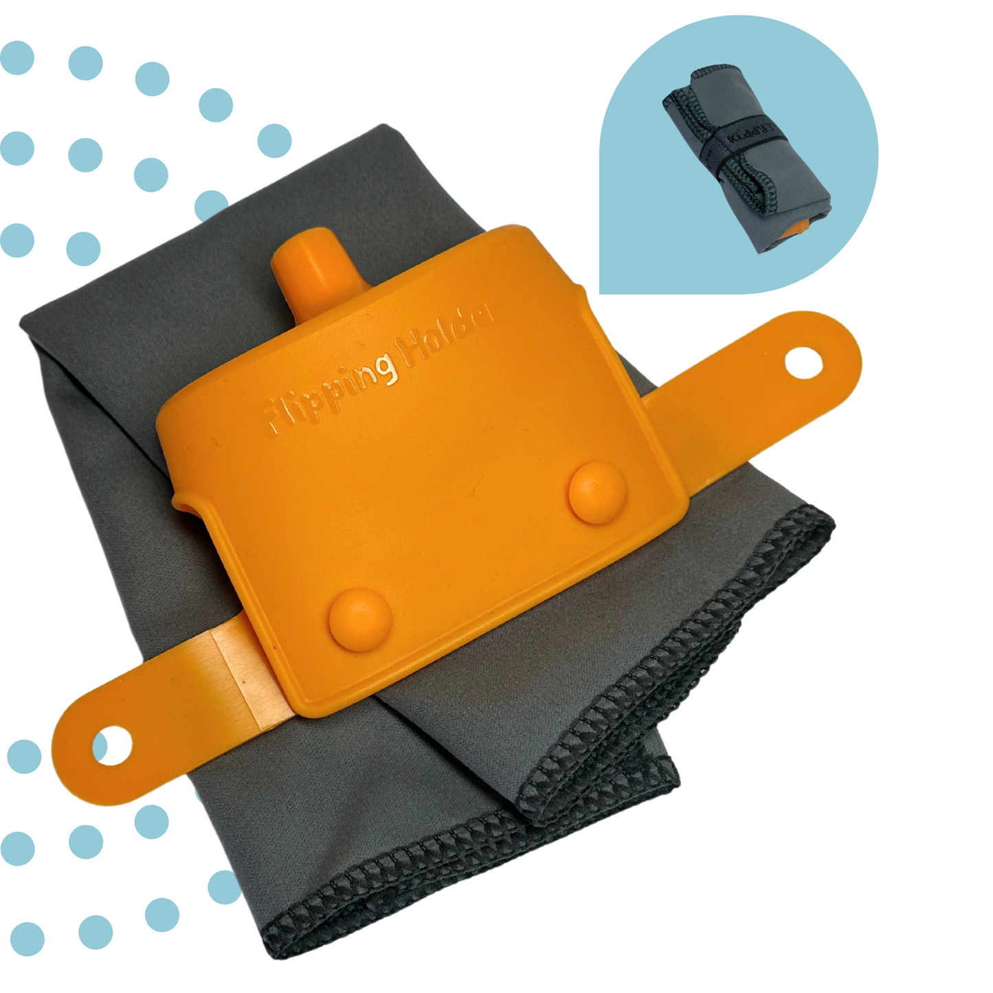 Spill-proof sip top in orange with gray flipping holder and rolled gray towel