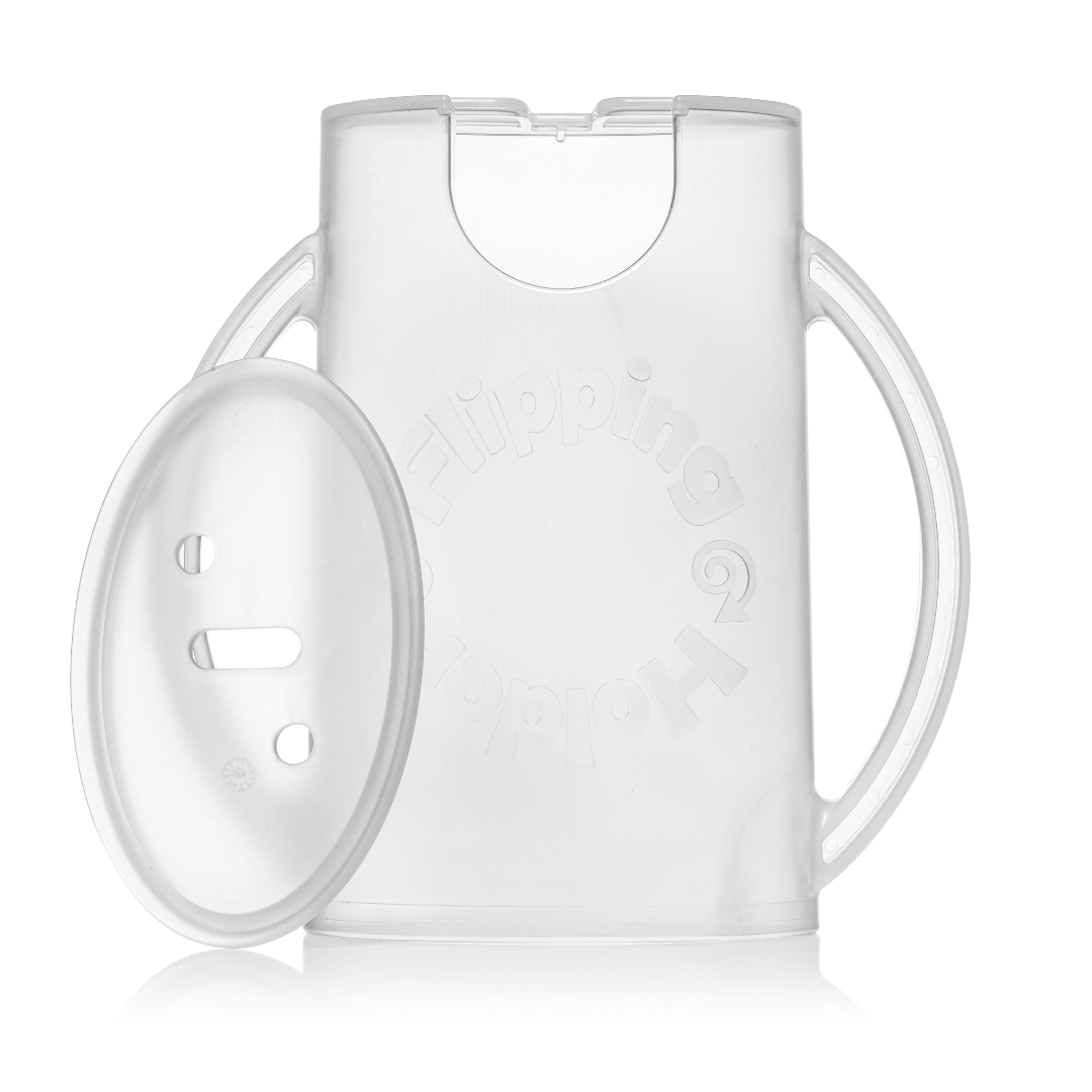White flipping pouch holder with lid and hinged flip handle