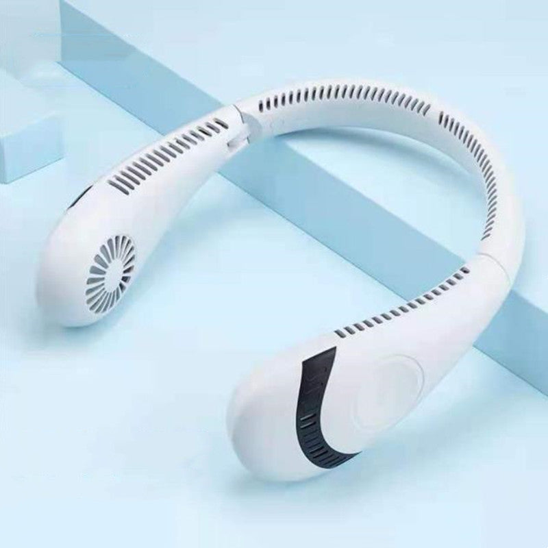Portable hanging neck fan in white with curved airflow vents and side control window.