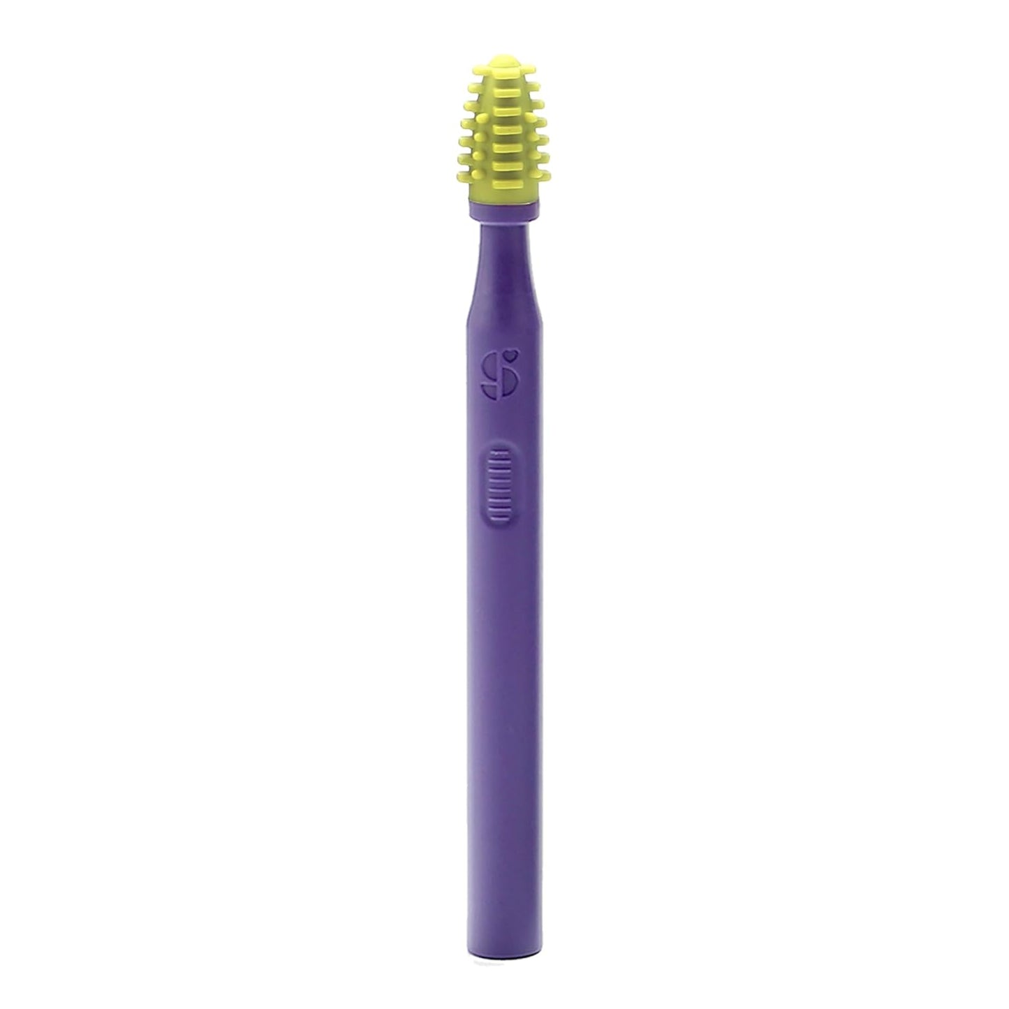 Sensory mouth brush with yellow-green silicone textured bristles on purple handle