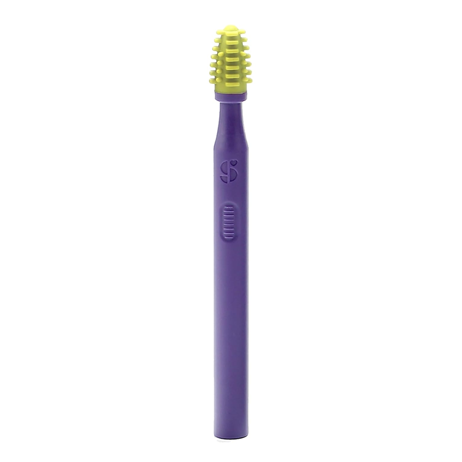 Sensory mouth brush with yellow-green silicone textured bristles on purple handle