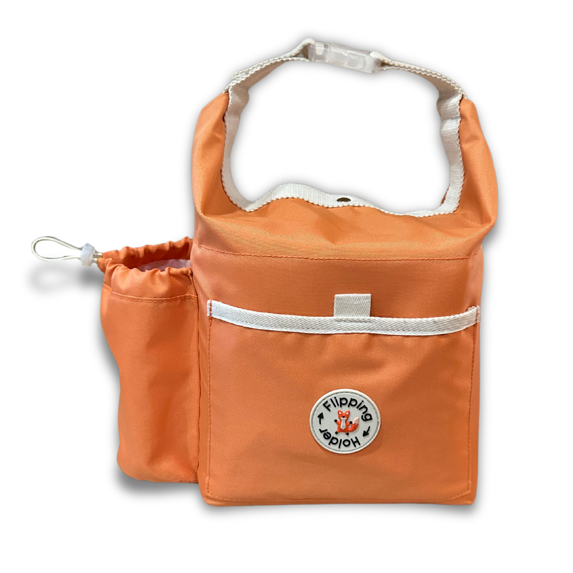 Orange thermal tote bag with front bottle pocket and clip handle