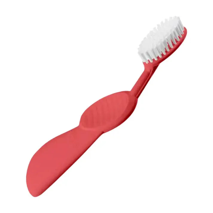 Soft right-hand toothbrush with red handle and white bristles