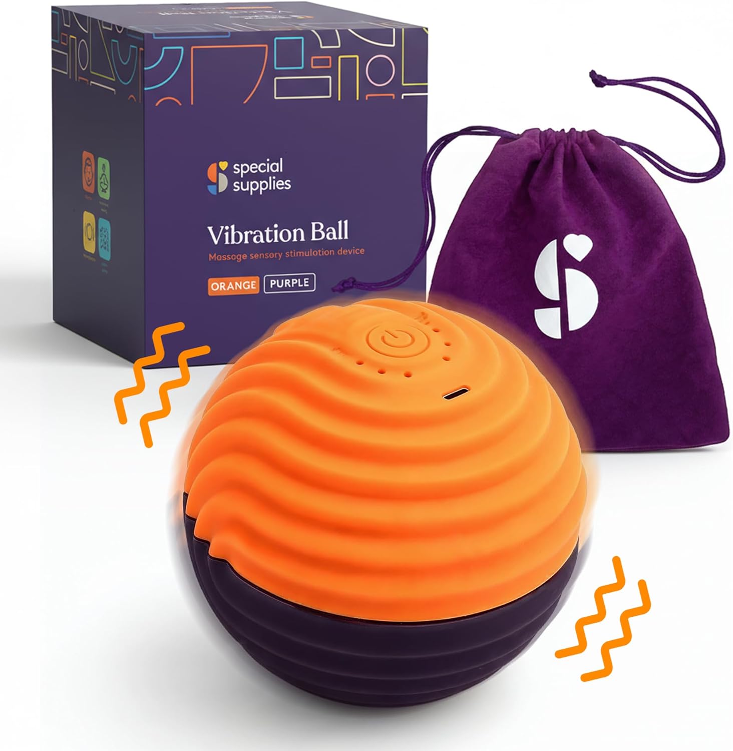 Orange and purple vibration massage ball with ridged silicone surface
