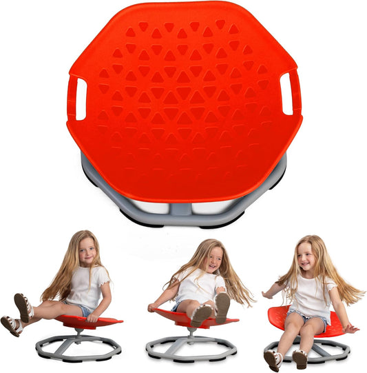 Red kids sensory spin chair with textured seat and gray rotating base.