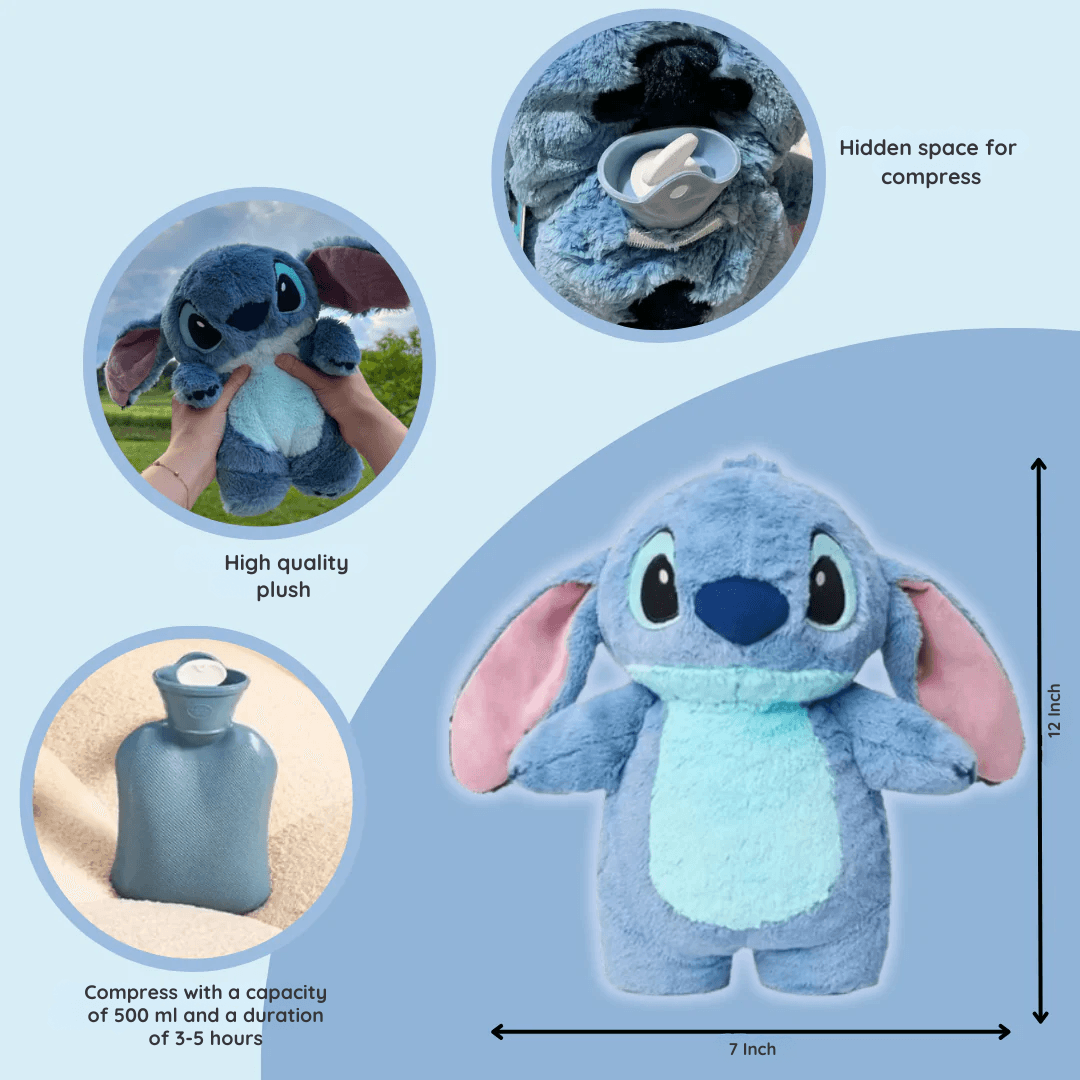 Blue plush hot water bottle size 7 x 12 in with hidden space for compress