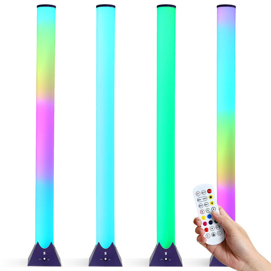 Color-changing LED floor lamp with rainbow glow and black base, shown with remote