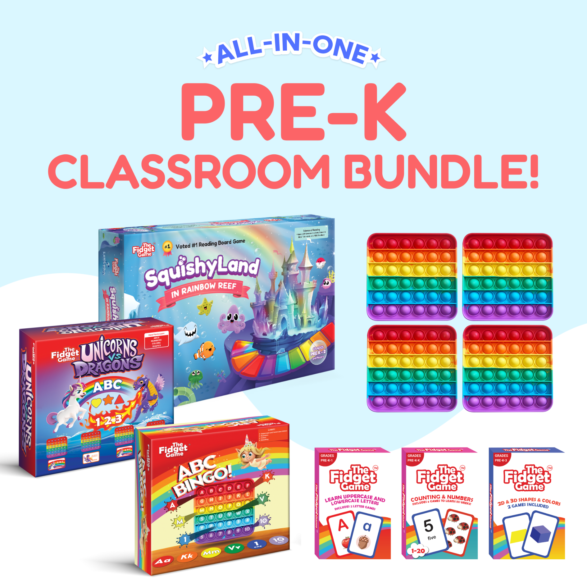 Pre-K learning game bundle with colorful board-game boxes and rainbow fidget mats