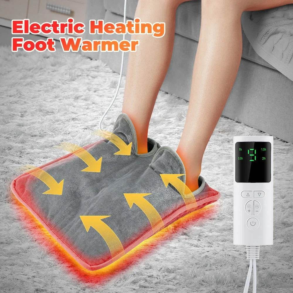 Grey electric foot heating pad with toe pockets and glowing heat zones, with control box