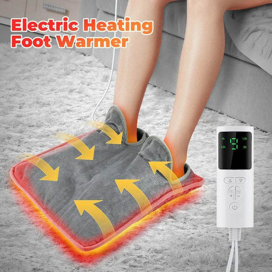Grey electric foot heating pad with toe pockets and glowing heat zones, with control box