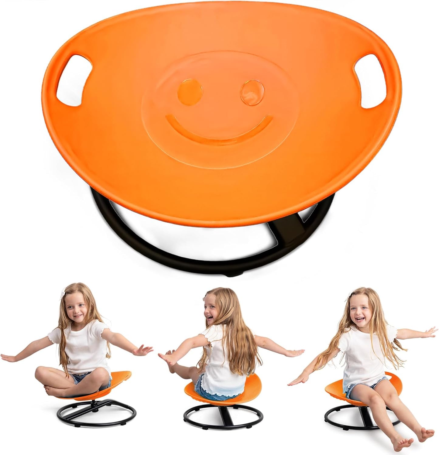 Orange kids spinning chair with smile face, side handholds, and black pivot base