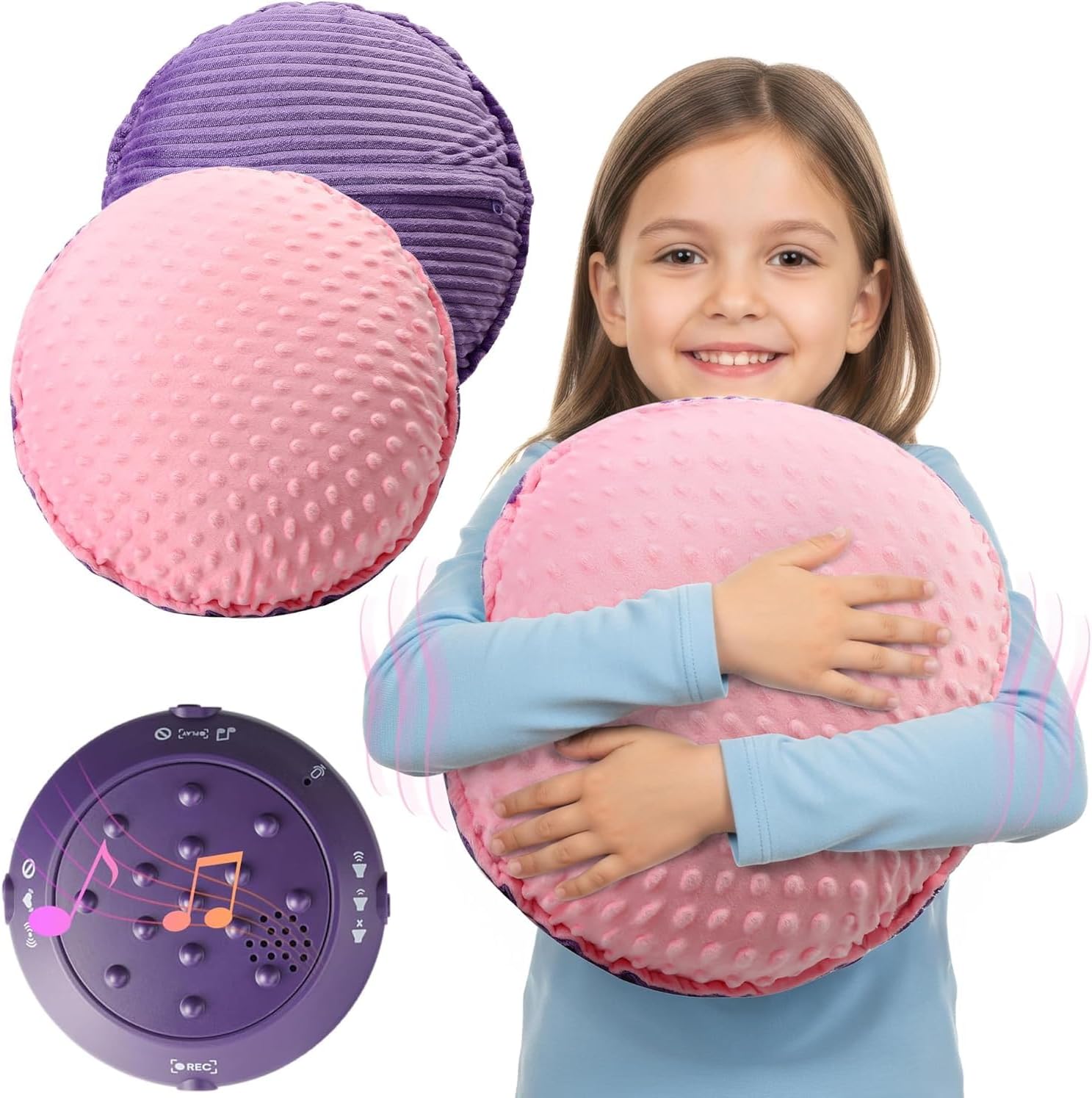 Pink textured plush sensory pillow with raised dots, hugged in front of a child.
