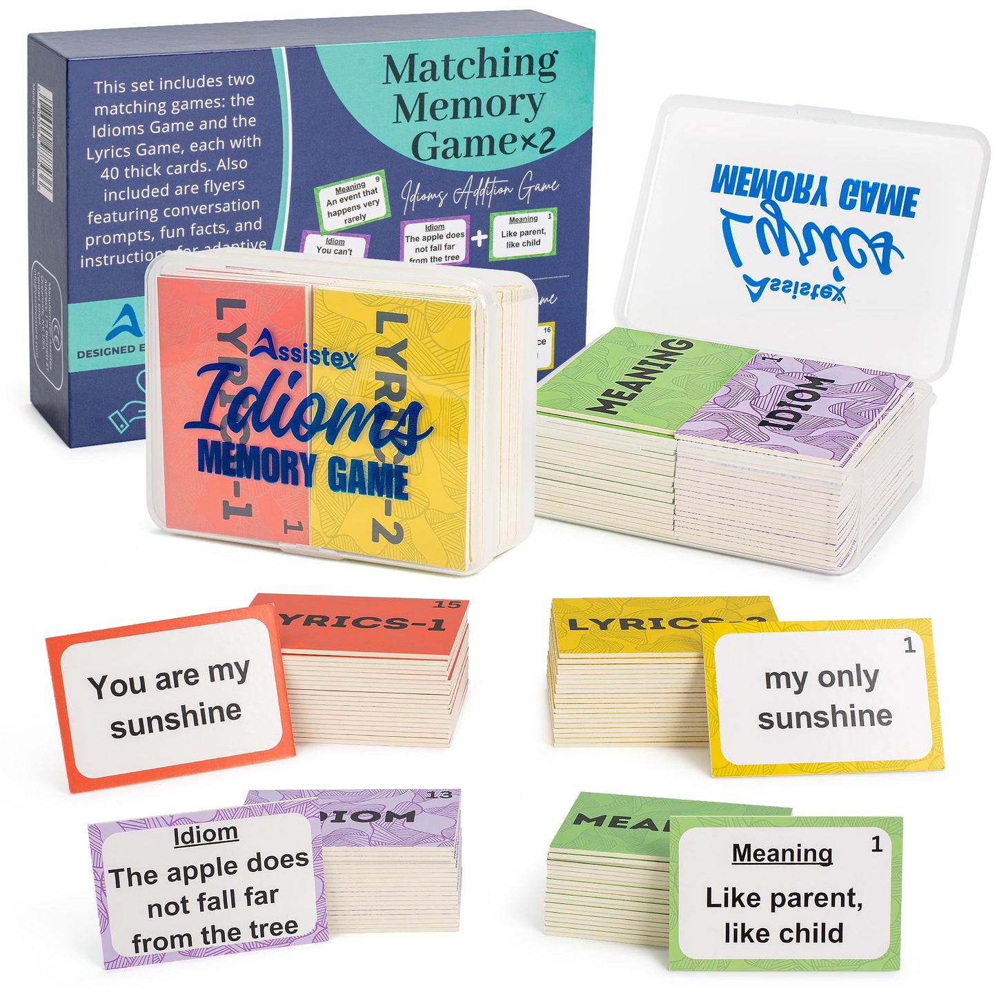 2-in-1 matching memory card game set with card stacks and card pairs in box