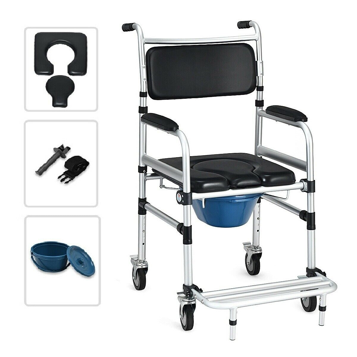 Commode wheelchair with padded backrest, footrests, and included bucket and accessories