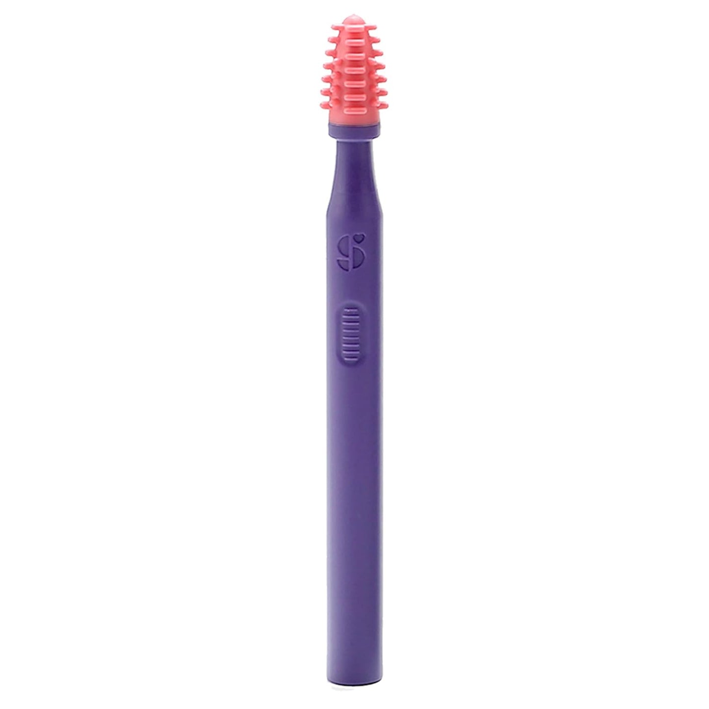 Sensory mouth brush with pink silicone textured bristles on purple handle