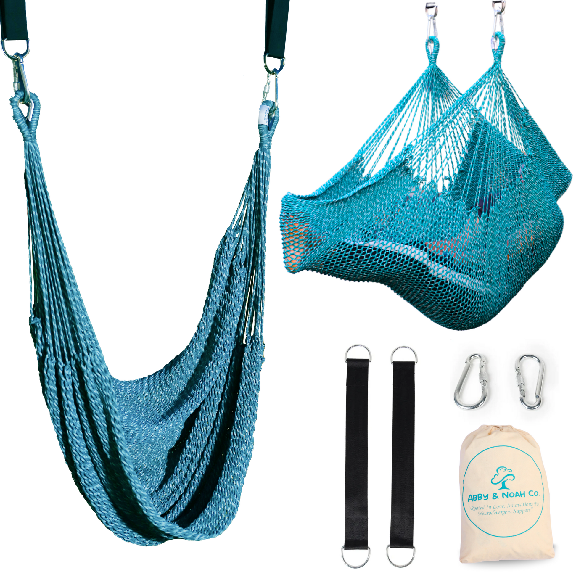 Blue mesh outdoor sensory swing with hanging straps and metal carabiners set
