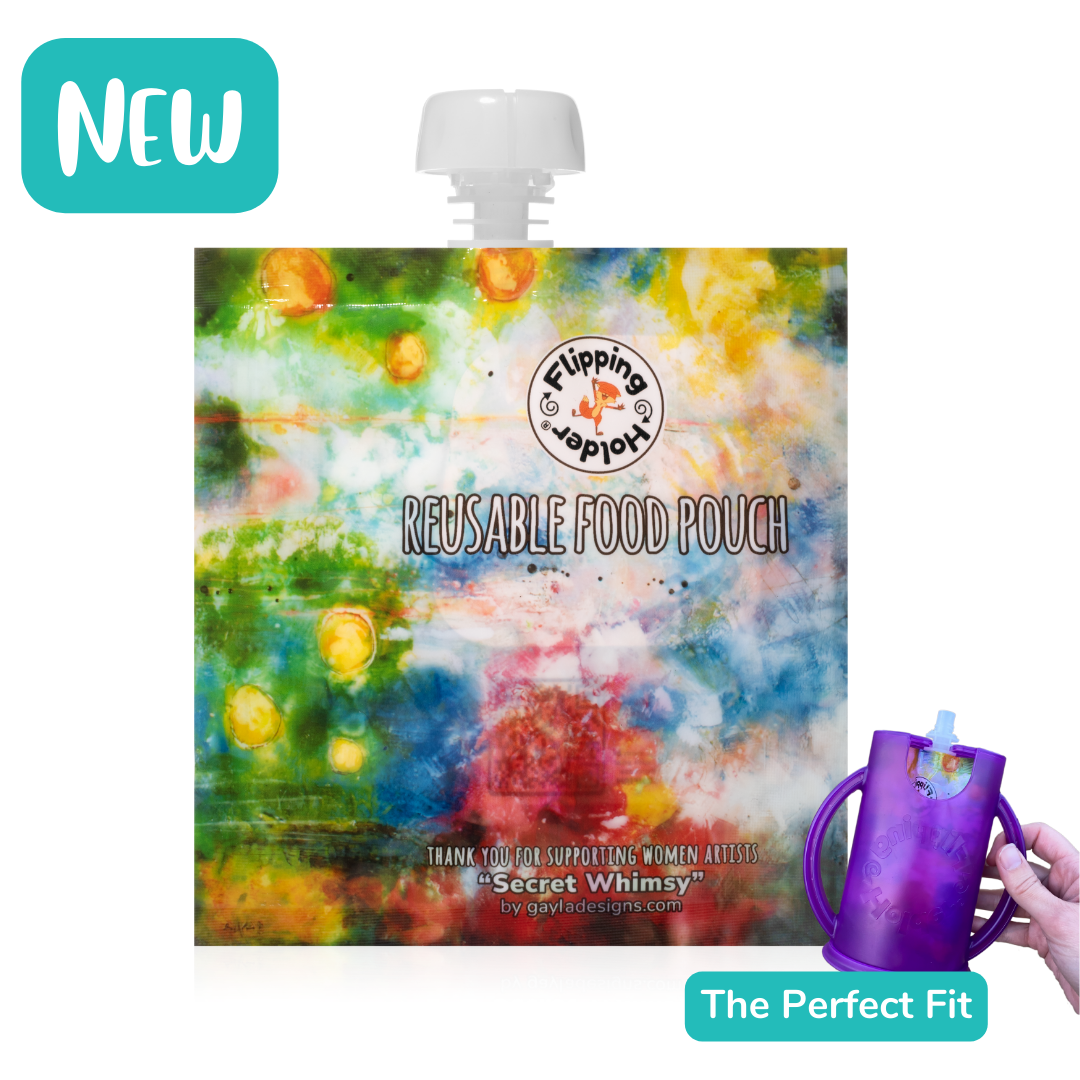 Reusable food pouch with flip-top cap, colorful watercolor print