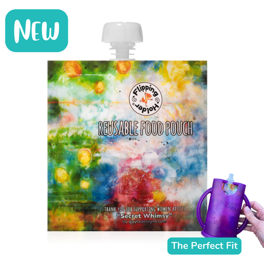 Reusable food pouch with flip-top cap, colorful watercolor print