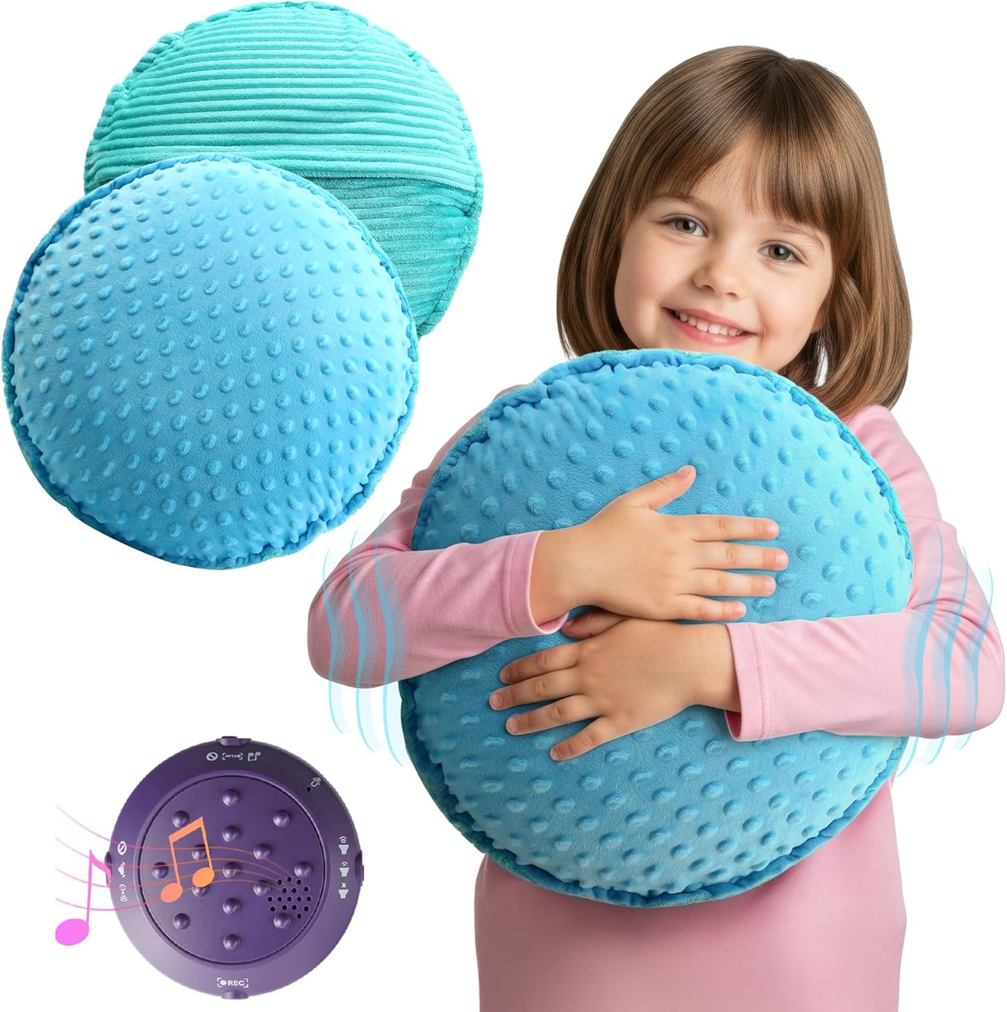 Blue-green textured plush sensory pillow with raised dots, hugged in front of a child.