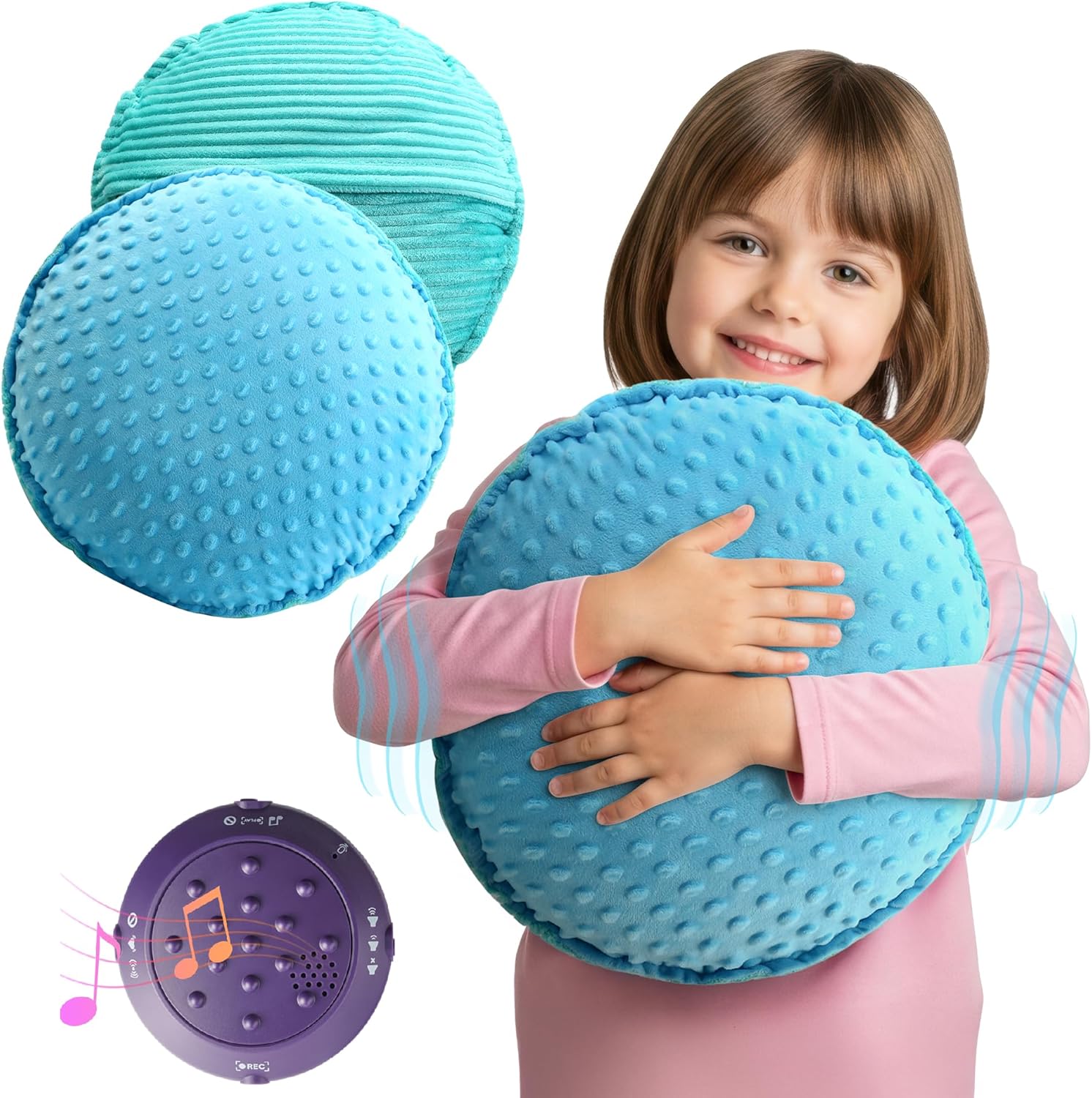 Blue-green textured plush sensory pillow with raised dots, hugged in front of a child.
